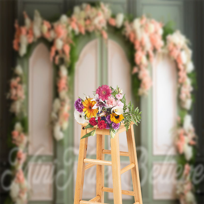 Aperturee - Embossed Pattern Door Pink White Floral Backdrop