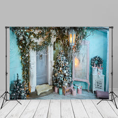 Aperturee - Enchanted Blue House Christmas Tree Photo Backdrop