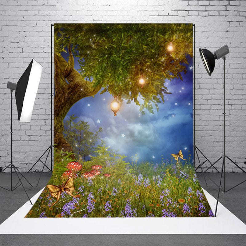 Aperturee - Fairy Tree Lamp Flower Mushroom Butterfly Backdrop