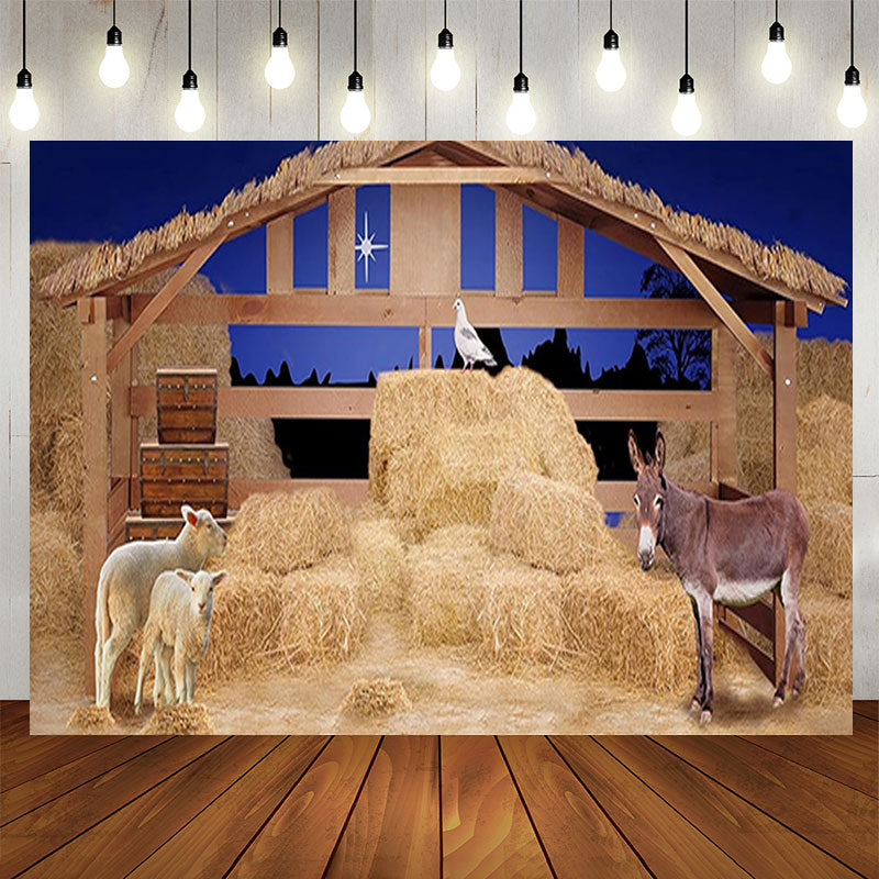 Aperturee - Farm Haystack Donkey Sheep Night Christmas Backdrop