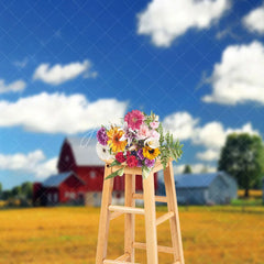 Aperturee - Farm Red House Blue Sky Grass Outdoor Photo Backdrop