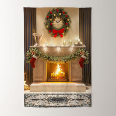 Aperturee - Fireplace Red Bow Grey Curtain Christmas Backdrop