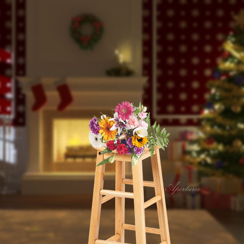 Aperturee - Fireplace Tree Stocking Gifts Christmas Backdrop