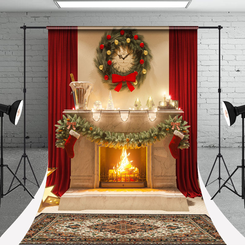 Aperturee - Fireplace Wreath Christmas Photo Sweep Backdrop