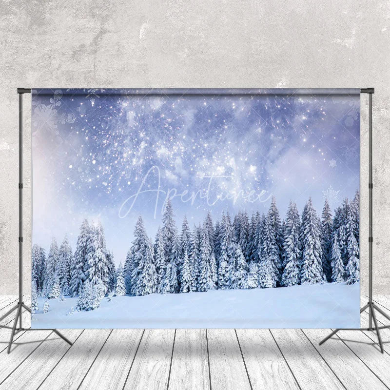 Aperturee - Fireworks Snow Scene Pine Forest Photography Backdrop