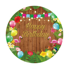 Aperturee - Flamingo And Floral Round Wood Birthday Backdrop