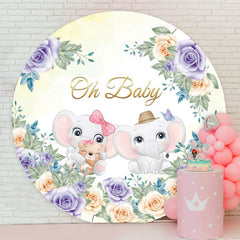 Aperturee - Floral And Little Elephants Round Baby Shower Backdrop