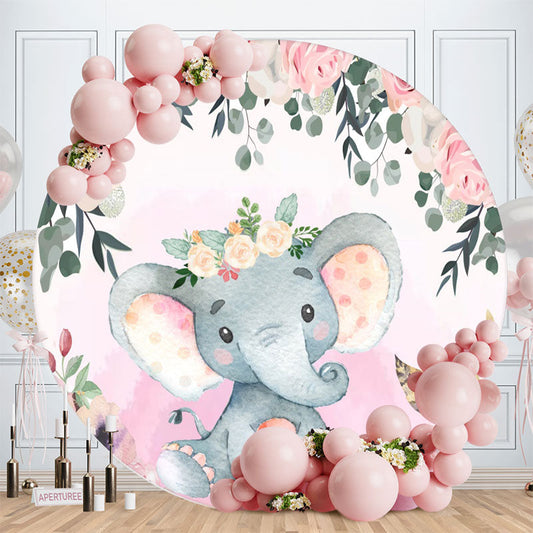 Aperturee - Floral And Pink Elephant Circle Baby Shower Backdrop