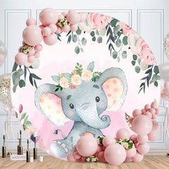 Aperturee - Floral And Pink Elephant Circle Baby Shower Backdrop