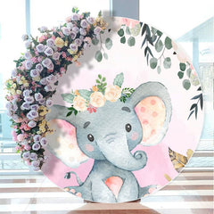 Aperturee - Floral And Pink Elephant Circle Baby Shower Backdrop