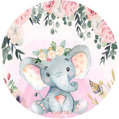 Aperturee - Floral And Pink Elephant Circle Baby Shower Backdrop