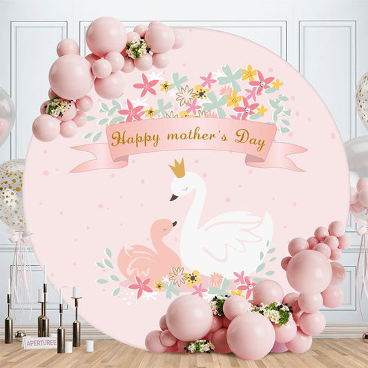 Aperturee - Floral And Swan Round Pink Happy Mothers Day Backdrop