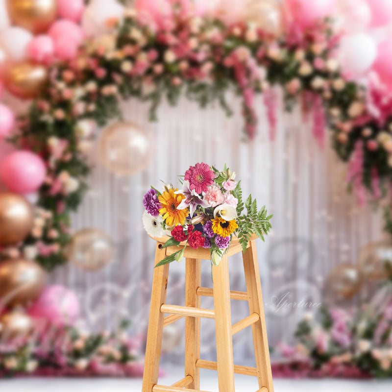 Aperturee - Floral Arch Pink Balloons Curtain Fine Art Backdrop