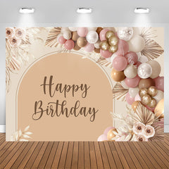 Aperturee - Floral Balloon Light Brown Boho Happy Birthday Backdrop