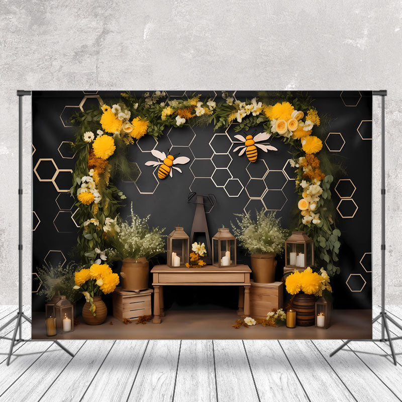 Aperturee - Floral Bee Honeycomb Birthday Cake Smash Backdrop