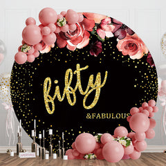 Aperturee - Floral Black Golden Round 50th Birthday Backdrop