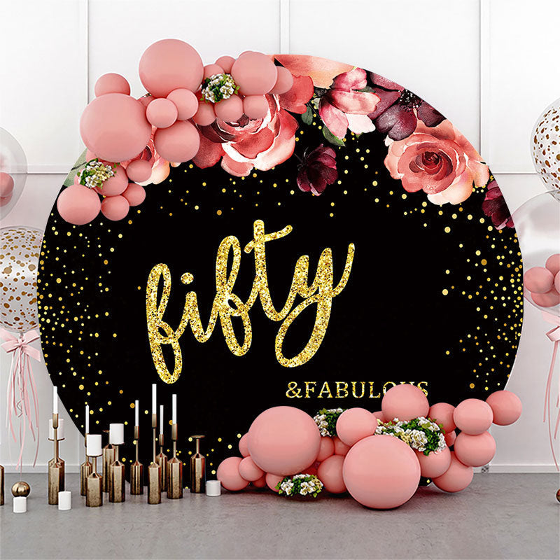 Aperturee - Floral Black Golden Round 50th Birthday Backdrop