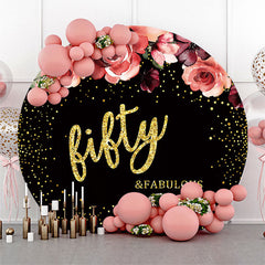 Aperturee - Floral Black Golden Round 50th Birthday Backdrop