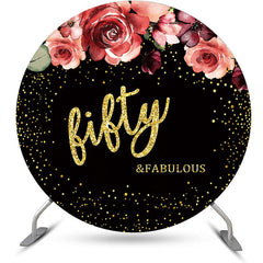 Aperturee - Floral Black Golden Round 50th Birthday Backdrop