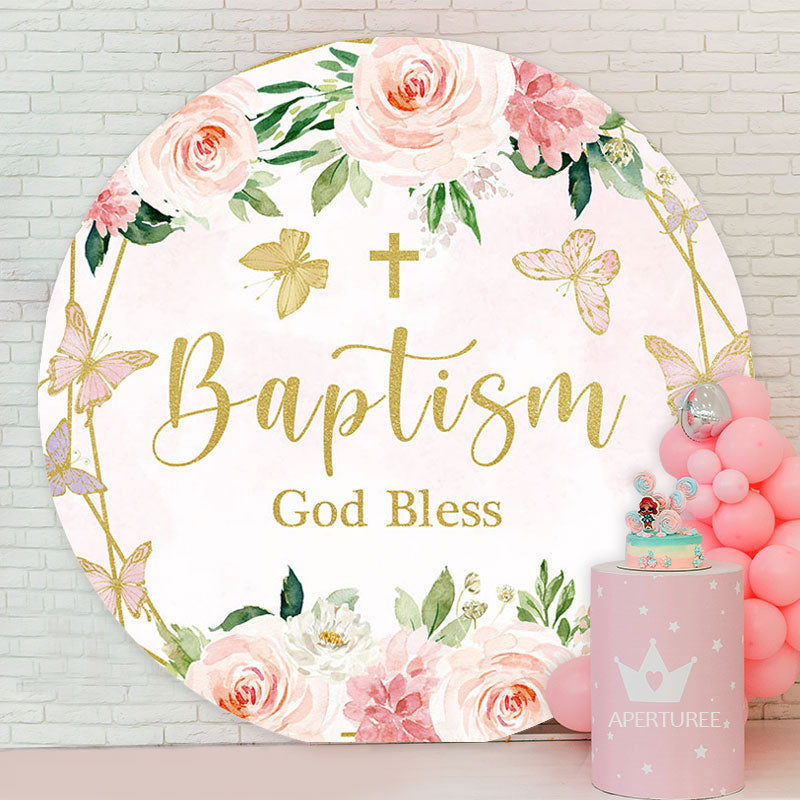 Aperturee - Floral Butterfly God Bless Circle Baptism Backdrop