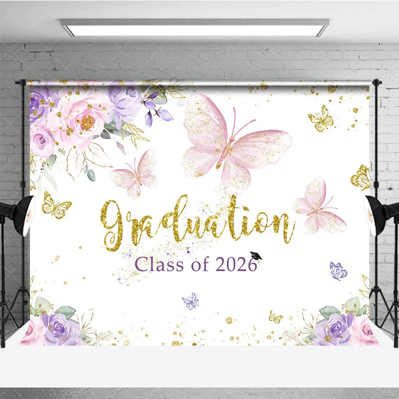 Aperturee - Floral Butterfly Grad Class Of 2026 Photo Backdrop