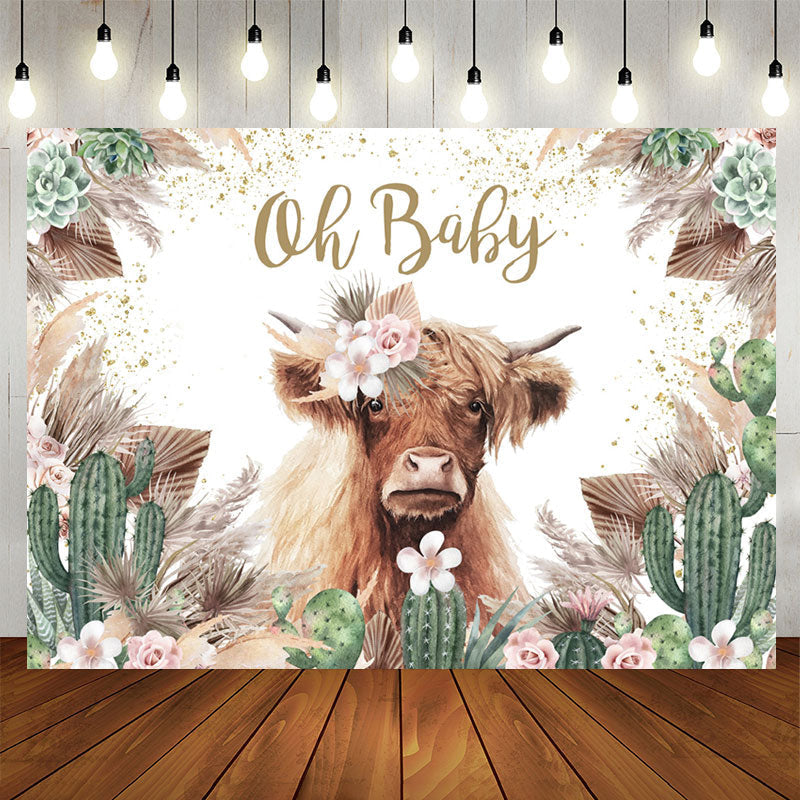 Aperturee - Floral Cow With Cactus Boho Baby Shower Backdrop