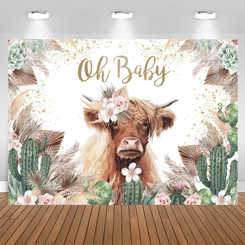 Aperturee - Floral Cow With Cactus Boho Baby Shower Backdrop