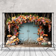 Aperturee - Floral Eggs Sticks Blue Wood Door Photo Backdrop