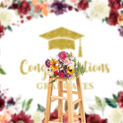 Aperturee - Floral Glitter Gold Graduation Photo Booth Backdrop