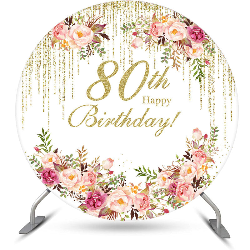 Aperturee - Floral Gold Tassels Round 80th Birthday Backdrop