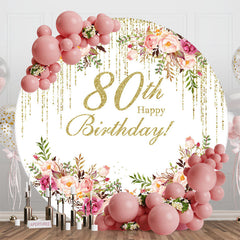 Aperturee - Floral Gold Tassels Round 80th Birthday Backdrop