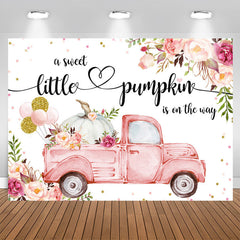 Aperturee - Floral pink car with pumpkin baby shower Backdrop