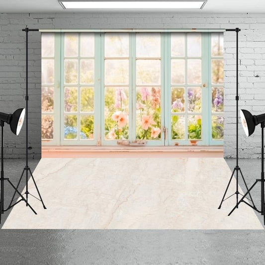 Aperturee - Floral Spring Wooden Window Backdrop+Cream Marble Cracks Fabric Floor Backdrop