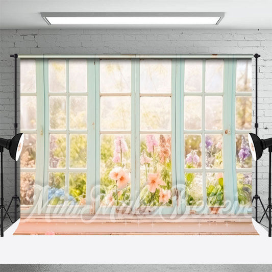Aperturee - Floral Spring Wooden Window Backdrop+Cream Marble Cracks Fabric Floor Backdrop