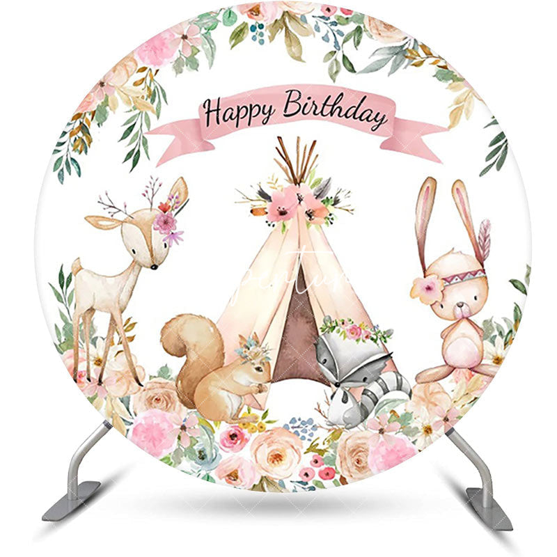 Aperturee - Floral Tent Animals Safari Round Birthday Backdrop