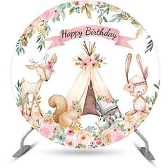 Aperturee - Floral Tent Animals Safari Round Birthday Backdrop