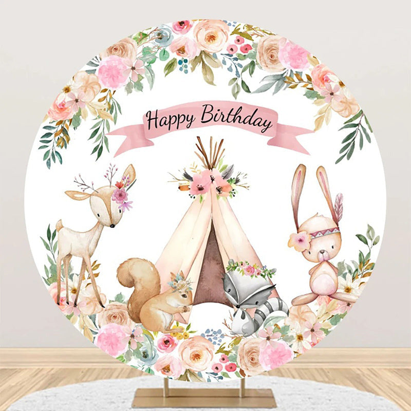 Aperturee - Floral Tent Animals Safari Round Birthday Backdrop