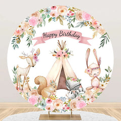 Aperturee - Floral Tent Animals Safari Round Birthday Backdrop