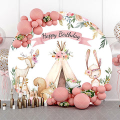 Aperturee - Floral Tent Animals Safari Round Birthday Backdrop