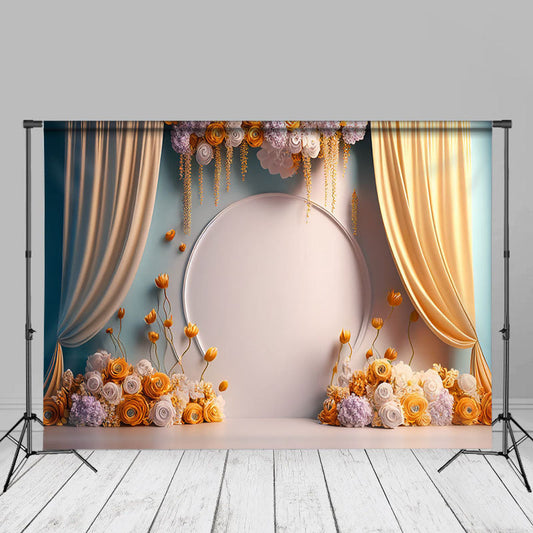 Aperturee - Floral White Wall Yellow Curtain Birthday Backdrop