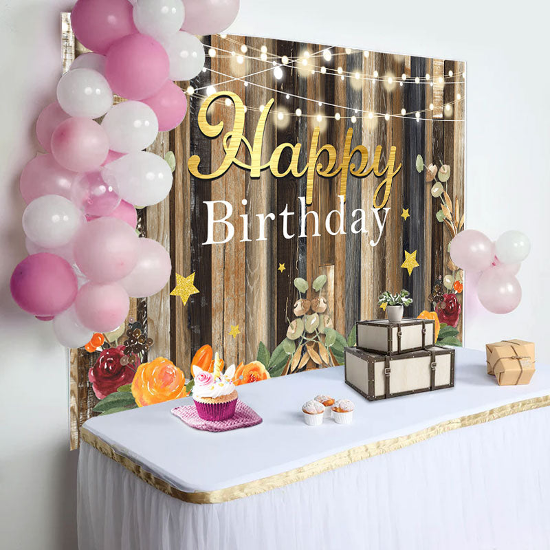Aperturee - Floral Wooden Wall Sparking Light Birthday Backdrop