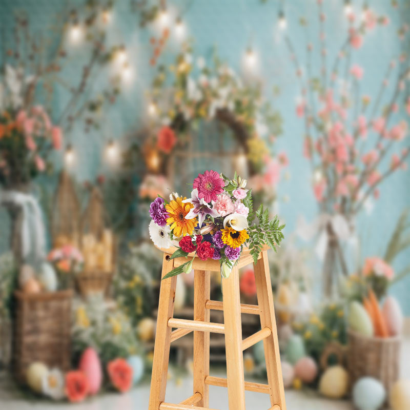 Aperturee - Floral Woven Arch Bokeh Blue Eggs Photo Backdrop