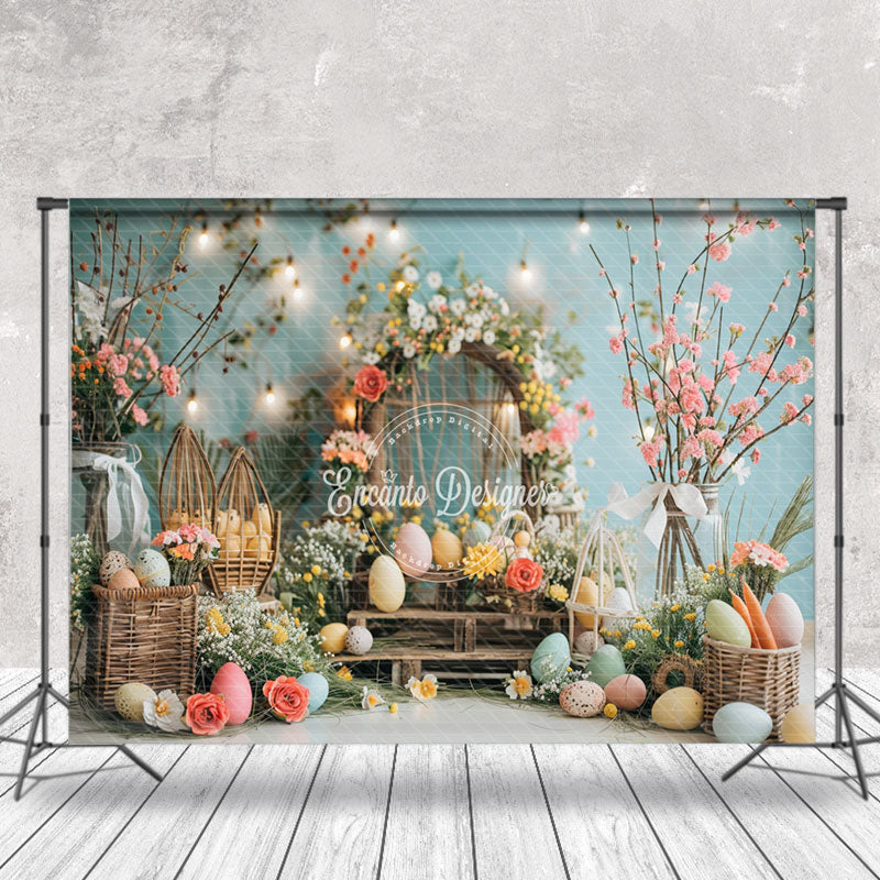 Aperturee - Floral Woven Arch Bokeh Blue Eggs Photo Backdrop