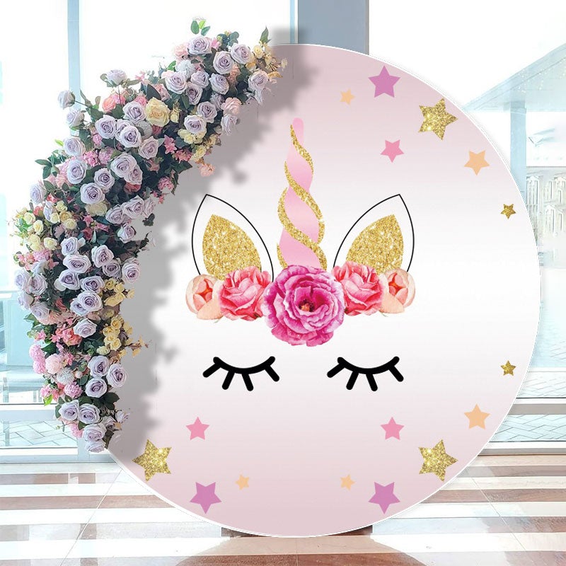 Aperturee - Flower Unicorn Round Happy Birthday Backdrop For Girl