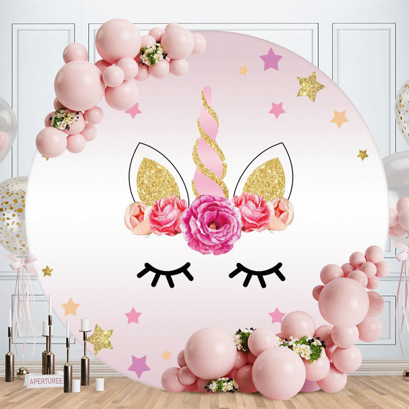 Aperturee - Flower Unicorn Round Happy Birthday Backdrop For Girl