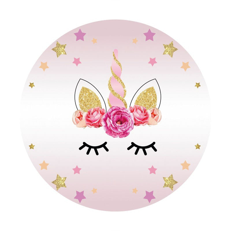 Aperturee - Flower Unicorn Round Happy Birthday Backdrop For Girl