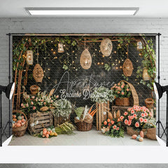 Aperturee - Flowers Lanterns Black Wall Birthday Photo Backdrop