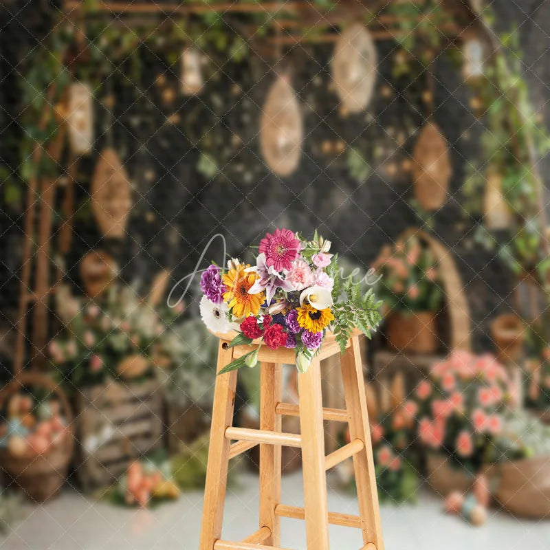 Aperturee - Flowers Lanterns Black Wall Birthday Photo Backdrop