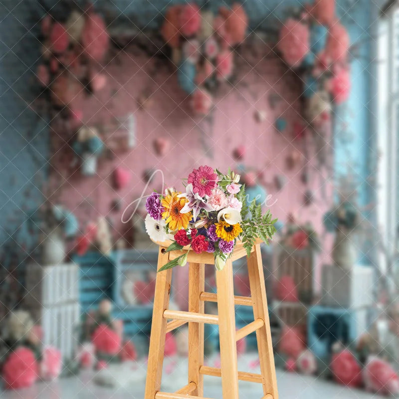 Aperturee - Flowers Pink Wooden Board Hearts Valentine Backdrop