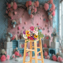 Aperturee - Flowers Pink Wooden Board Hearts Valentine Backdrop